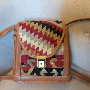 Stylish Leather and Patterned Fabric Women's Bag